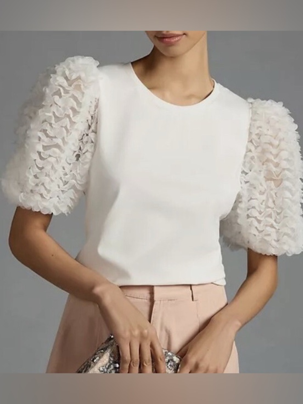Anthropologie Flat White Ruffle-Sleeve Top, size M, NEW!